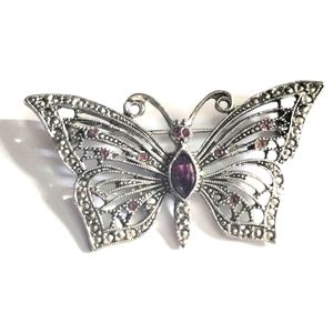 Beautiful LIA Signed Silver Tone Filigree Butterfly Amethyst Glass Pin Brooch